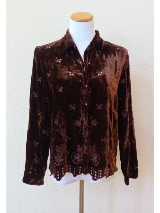 Vintage Tops - ECI vintage 1990s chocolate brown crushed velvet button-front blouse